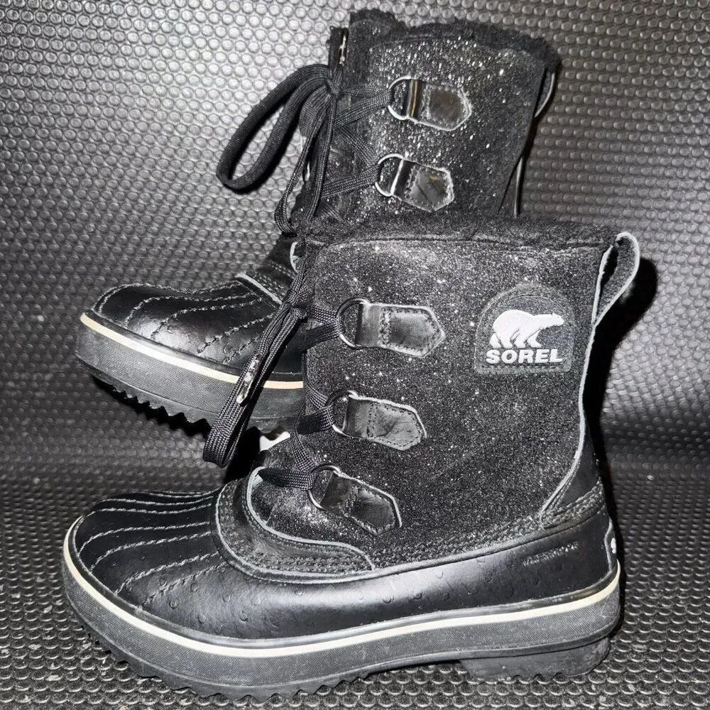 Sorel Black Glitter Waterproof Faux Fur Snow Winter Comfort Boots Women’s Size 6